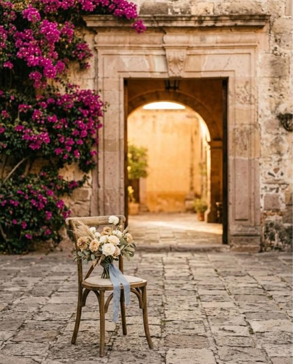 Arco de cantera de una hacienda con buganvilia y un ramo sobre una silla